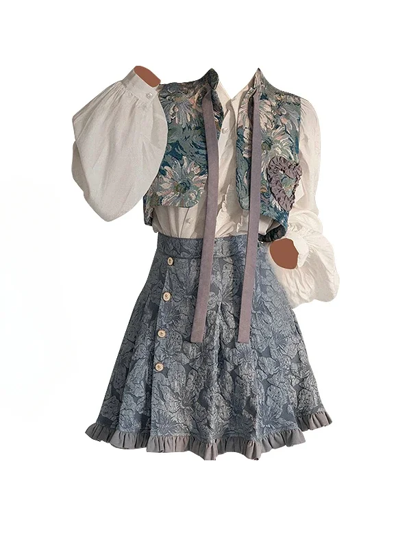 

Spring Autumn French Retro Chinese Style Jacquard Vest Coat White Lapel Long-sleeved Shirts High Waist Short Skirt 3-piece Set