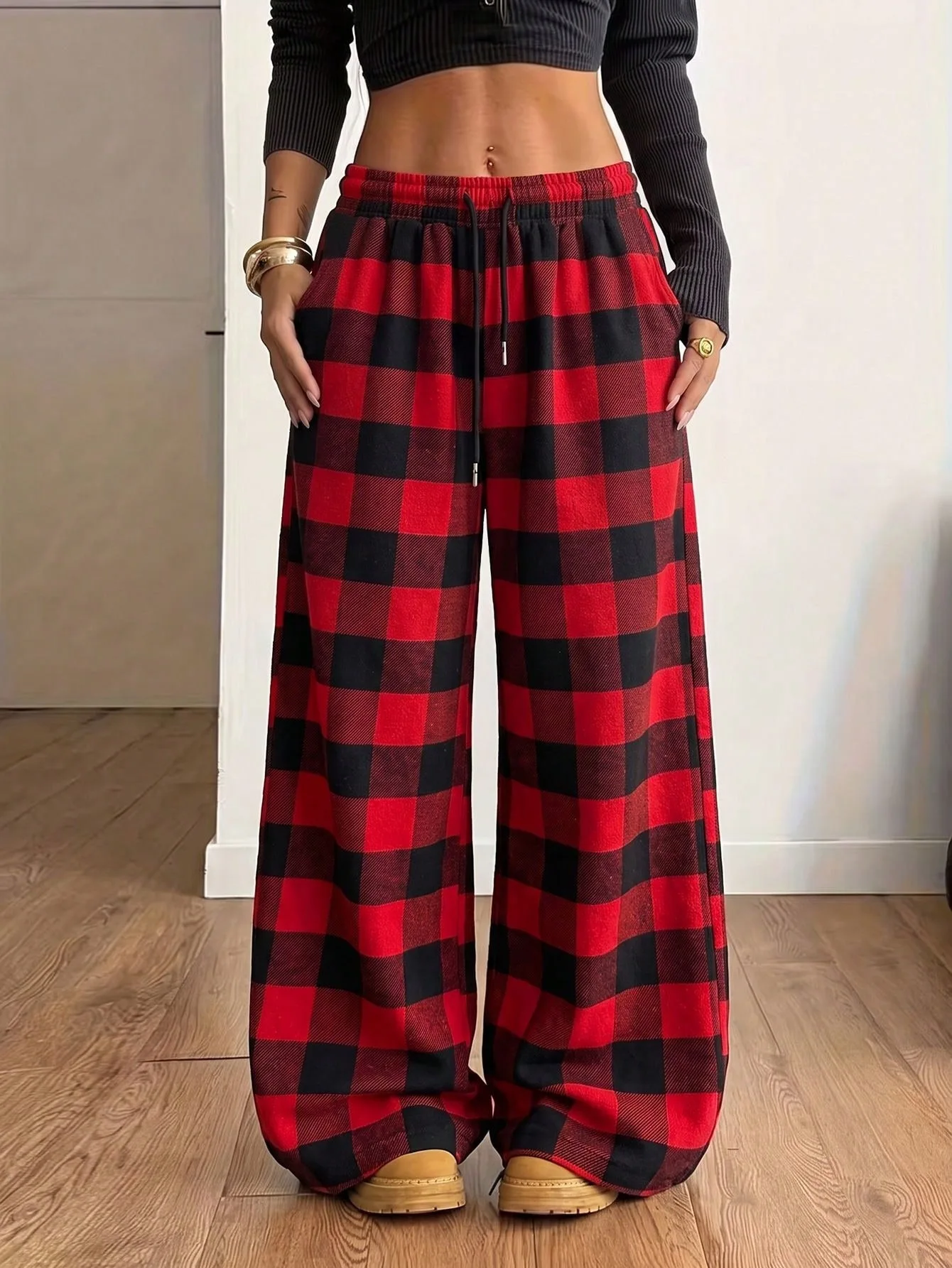 AV Fashion Women's Red Plaid Pants Loose Straight Leg Pants Comfortable Trousers Checkered Printed Casual Long Pants Lady