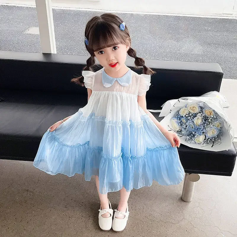 Novo Vestido Infantil Azul com Recortes 2026, Gola Peter Pan, Babados, Saia Evasê, Casual de Verão para Meninas, Saia Fina Gradiente para Bebês