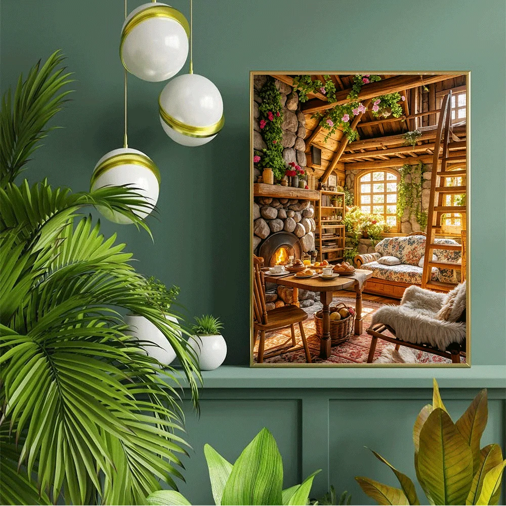 1000ピース 木製ハウスインテリアジグソーパズル - 石の暖炉と花柄のソファが付いた素朴な小屋のシーン、鮮やかな色、詳細な
