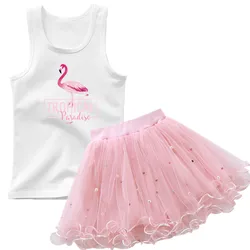 Girls Cute Flamingo Sleeveless T-shirt Outfits Baby Kids Cute Bird/Swan Tank Top +TUTU Skirt 2pcs kids party clothing Set