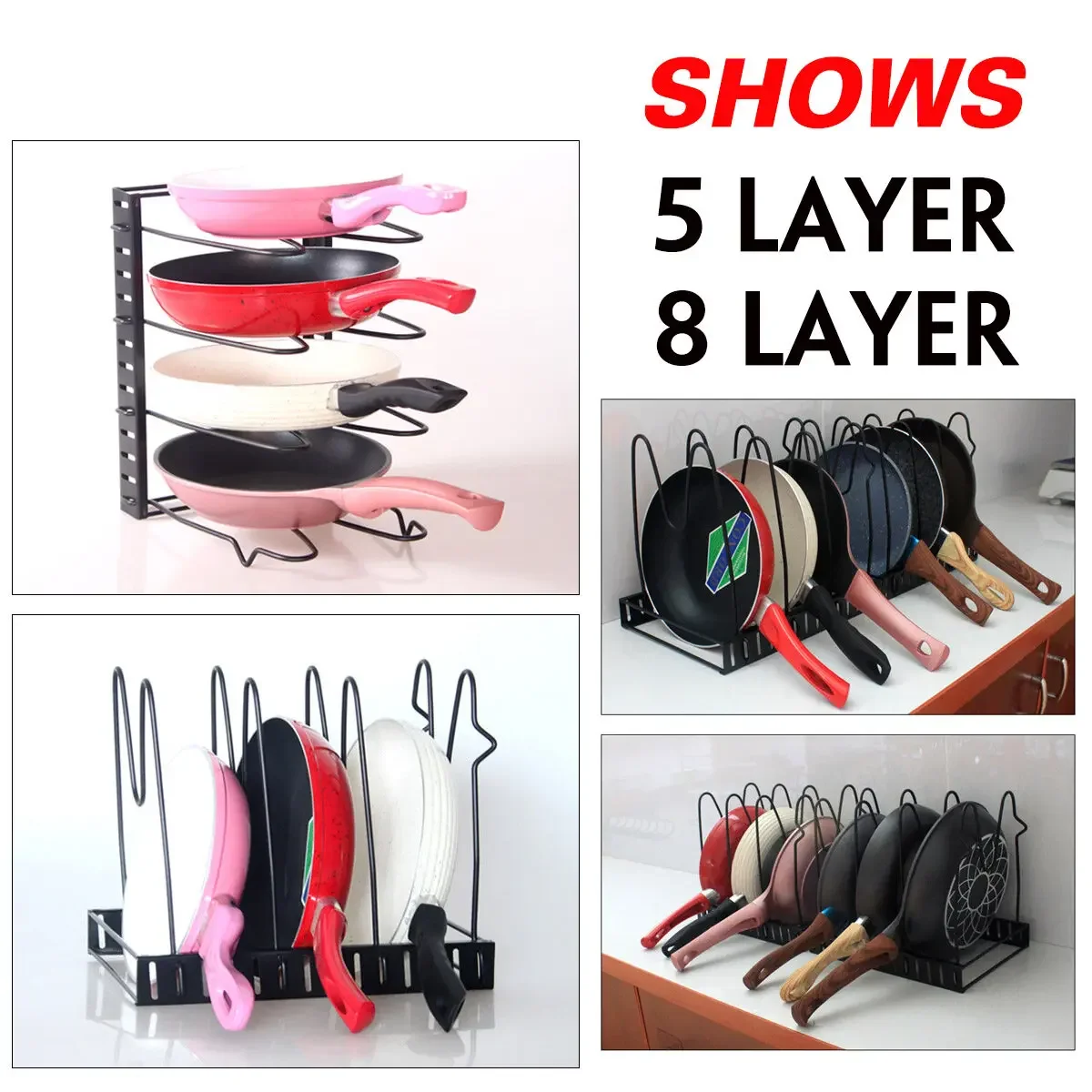 5/8 Layers Kitchen Cabinet Shelf Pan Pot Lid Frying Pan Iron Skillet Storage Kitchen Cookware Organizer Stand Holder Rack