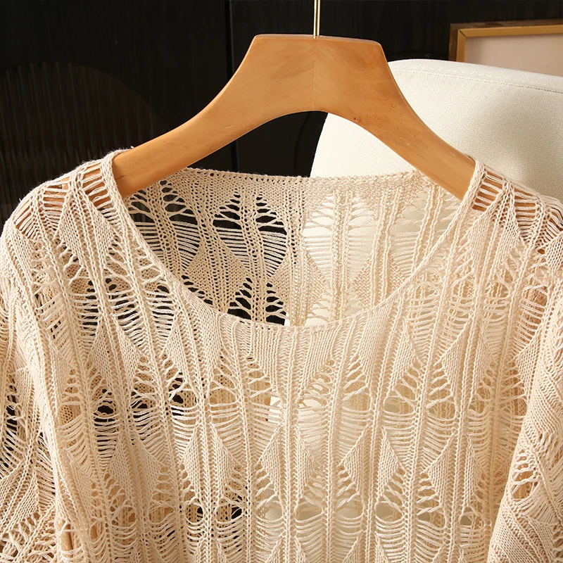 YSC 2024 New Fashion Women's High quality knitting ice shreds Sweater Round neck short sleeved Hollow out style Pullover