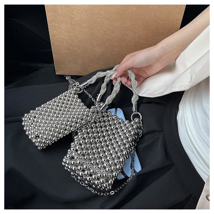 Fashion Small Silver Beaded Handbags For Women Handmade Trendy Portable Phone Purse Party Beading Shoulder Tote Bags