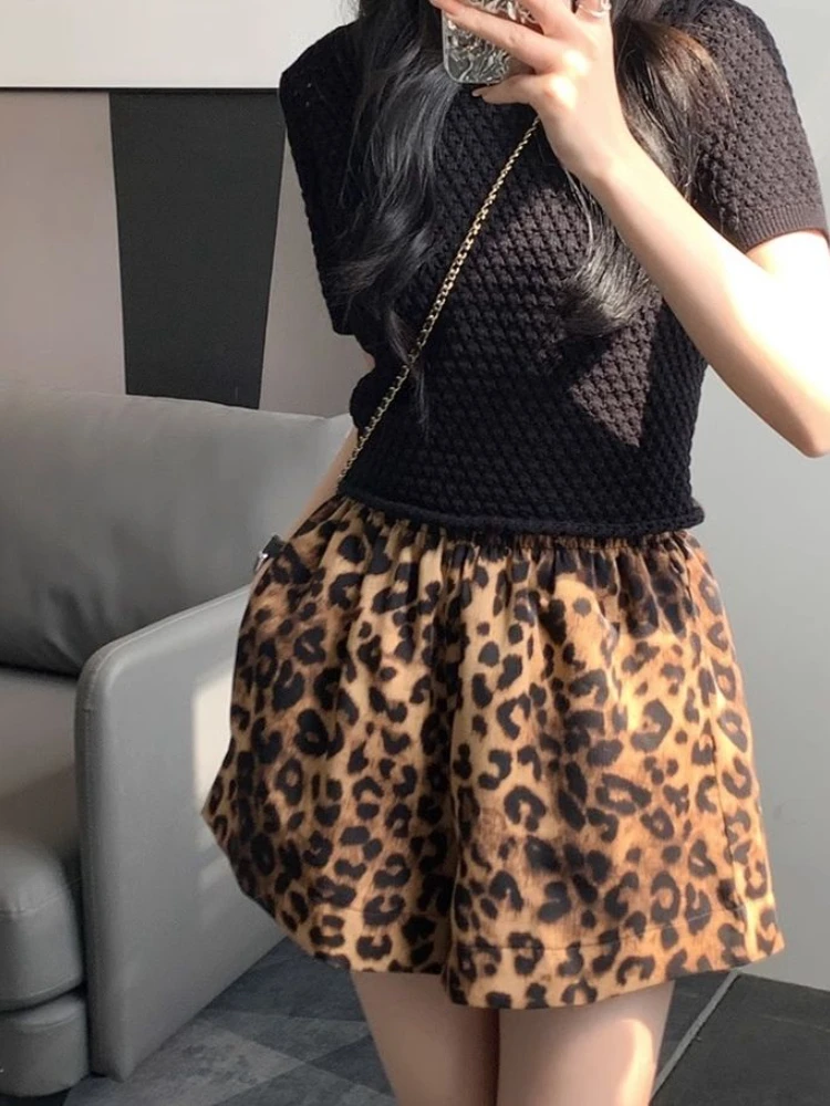 

2000s Y2k Vintage Leopard Short Pants Women Outwear Beach Style Loose High Waist A-Line Shorts Retro Korean Fashion Trousers