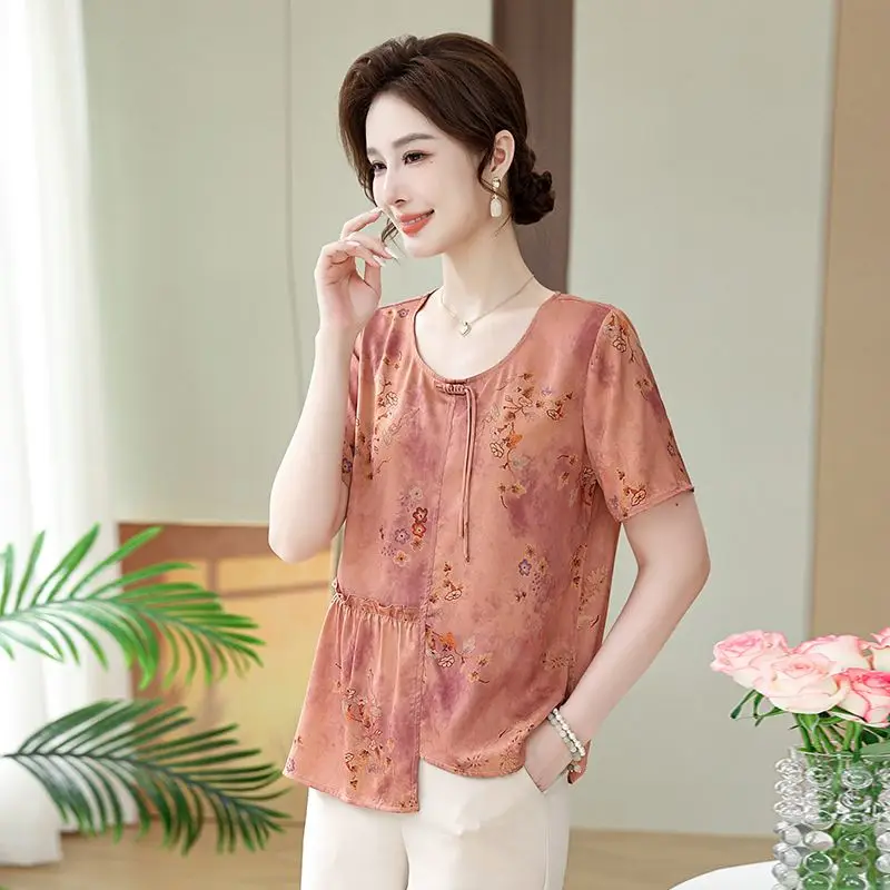 

Chinese Style Mother's Summer Outfit Chiffon Blouse Round Neck Short Sleeve New Loose Top