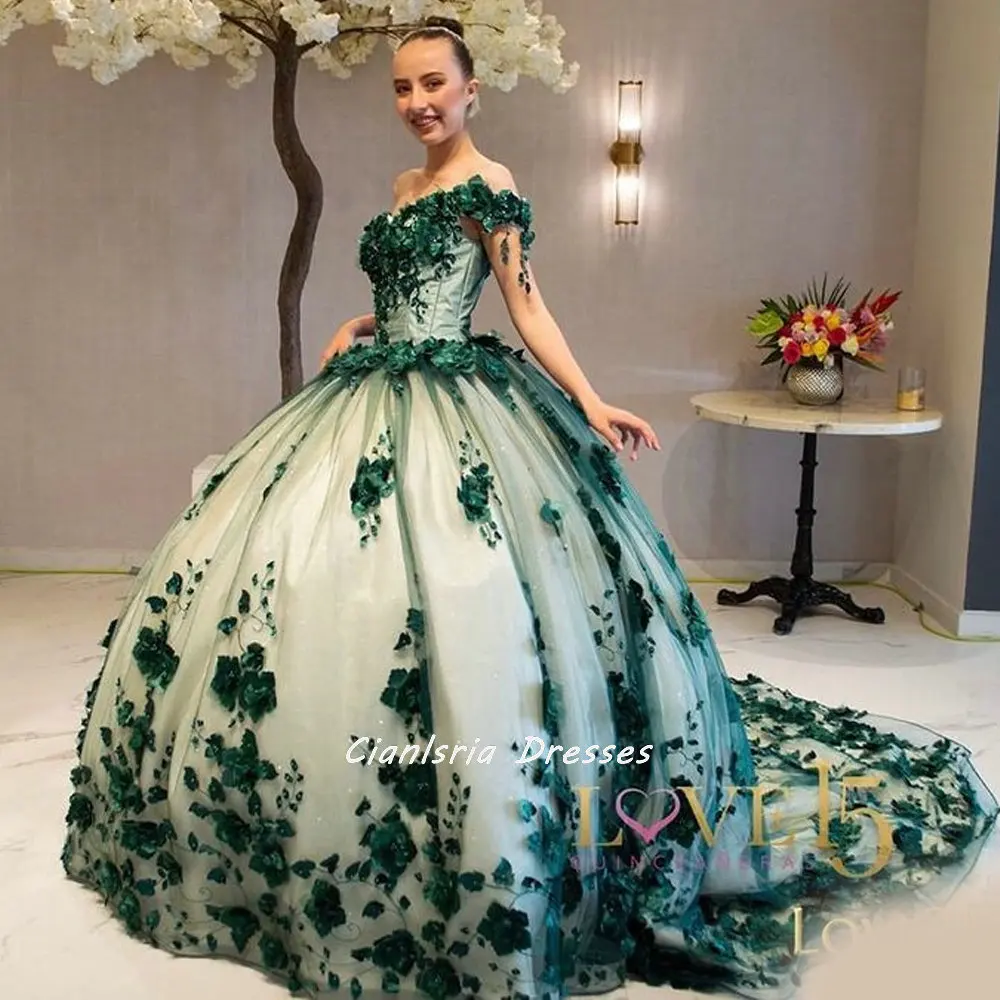 Xanh Ngọc Lục Bảo 3D Hoa Bầu Quinceanera Áo Lệch Vai Hoa Appliques Áo Cho Ngọt 15 Cô Gái Đảng