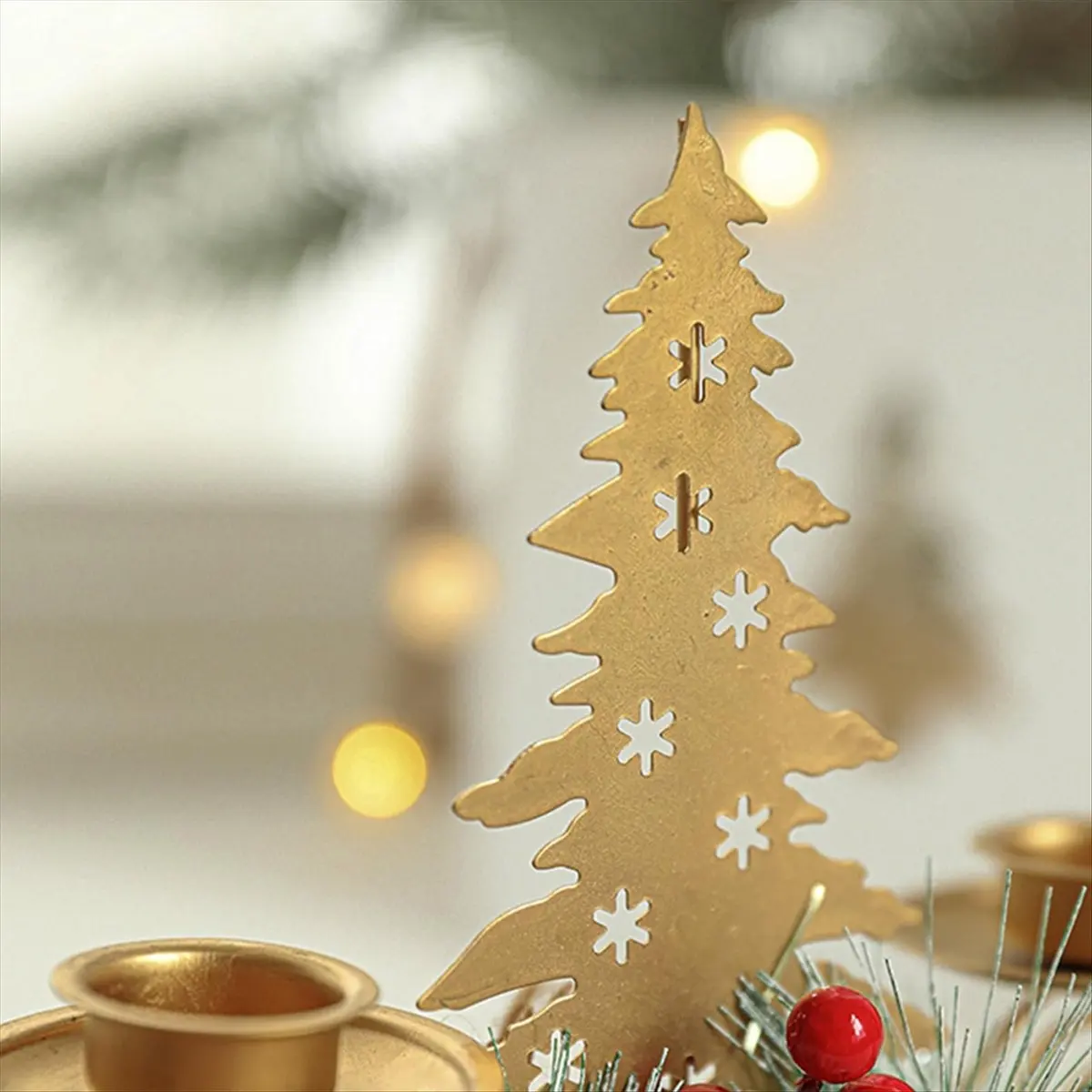 AT54 2PCS Gold Christmas Tree Pillar Candle Holder with Berry & Pine Nut Candle Holder for Holiday Desktop Decor Metal Decor