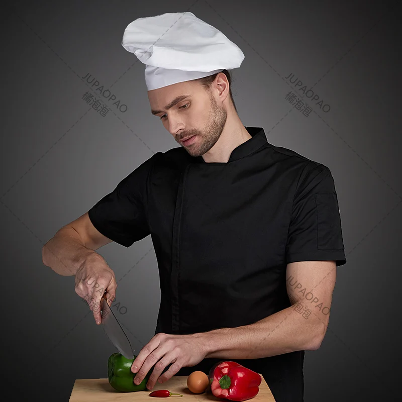 Costume de chef d'été, veste de cuisinier, chemise blanche pour homme, uniforme de restaurant, vêtements de travail de barbier, salopette de restaurant