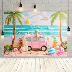 1 ice cream shop summer background banner, tropical Hawaiian beach ocean theme, surfboard ocean Aloha party decoration