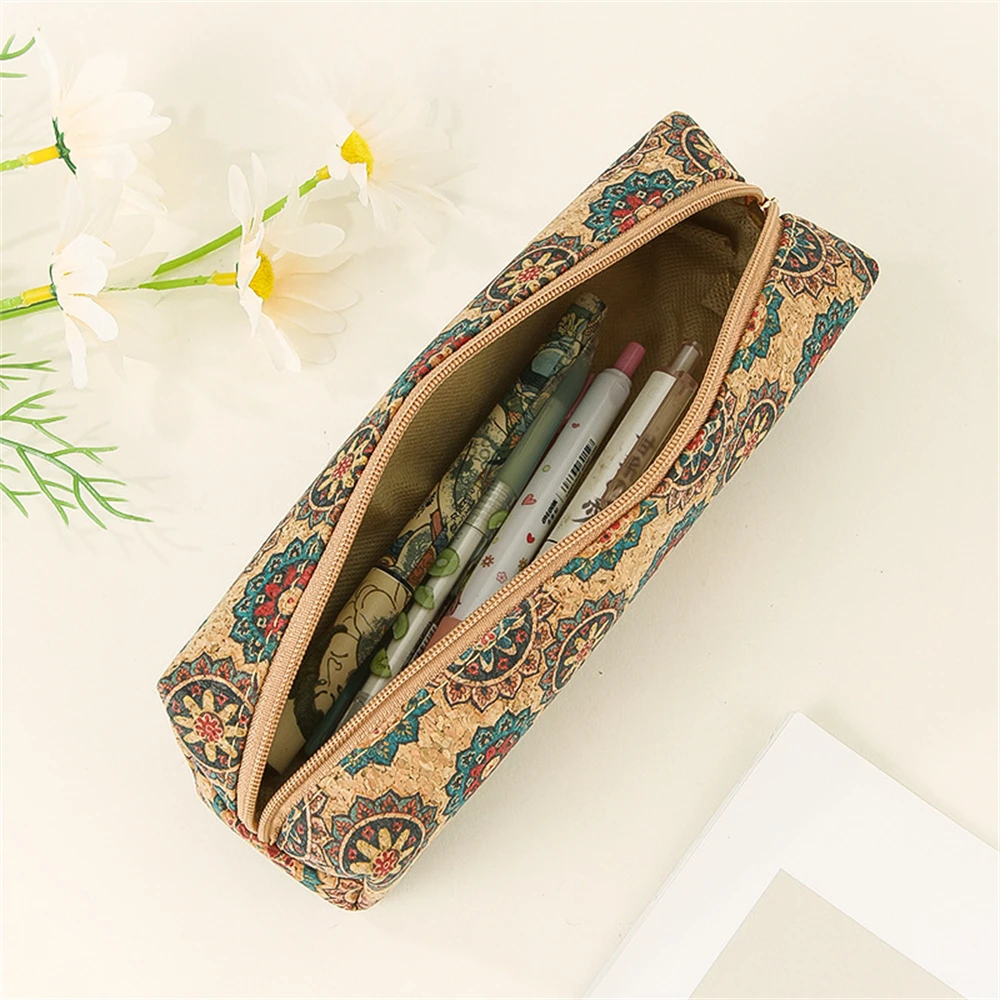 Large Capacity Pencil Case Square Storage Bag Retro Exquisite Cork Stationery Bag Simple Zipper Pen Bag Pencil Pouch Organize