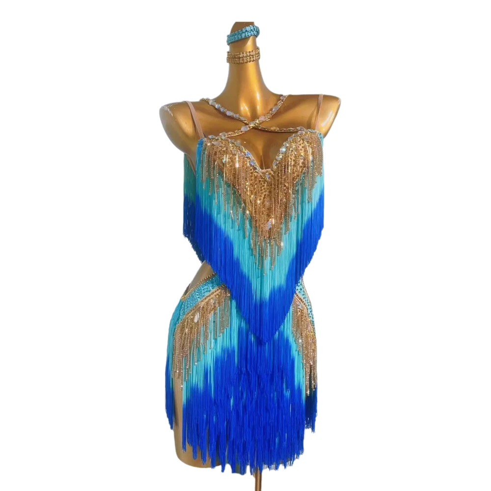 

Latin Dance Art Performance High-end Customized Two-color Tassel Splicing Samba Dance High Sparkling Rhinestone Costume