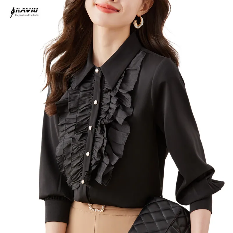 

NAVIU Black Ruffles Shirt for Women Long Sleeve High End Blouses Office Lady Work Tops White New Fashion Temperament Autum 2023