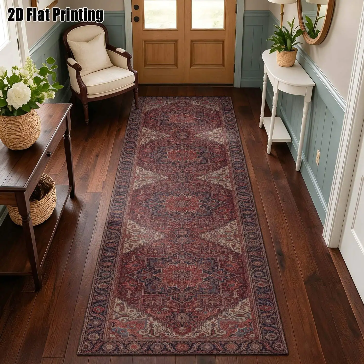 1Pc 2D Printed Long Strip Runner Rug: Red-Brown Geometric Symmetrical Pattern, Vintage/European/Bohemian Style, Machine Washable, Multi-Size, Ideal for Entrance, Corridor, Living Room & Bedroom Home Decor