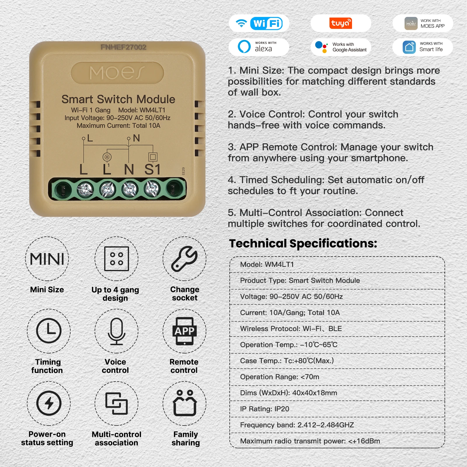 مفتاح ذكي WM4LT4 WiFi مفتاح ذكي 1-4 تحكم مستقل عن بعد توقيت التحكم الصوتي تركيب صغير غير مرئي