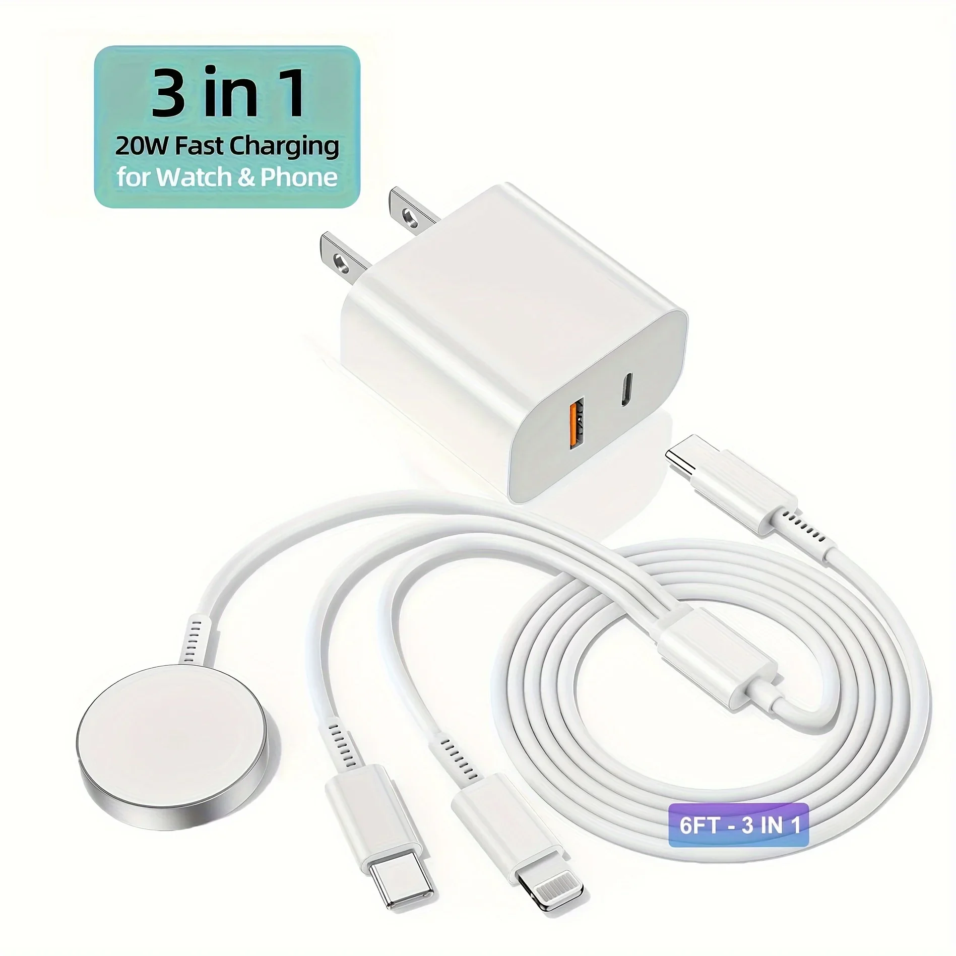 سلك شاحن USB C IWatch 3 في 1 وكابل USB-C بطول 6 أقدام مع كتلة من النوع C، سلسلة I-Watch Ultra/9/8/7/6/SE/5، لهاتف IPhone 15/14/13/12
