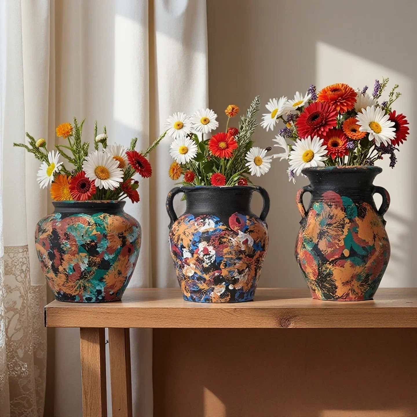 Creative Retro Oil Painting Hand-painted Flower Pot Ceramic Vase Coarse Pottery Retro Flowerpot Flower Arrangement Home Decorati