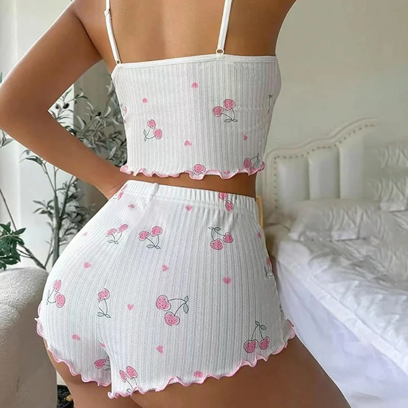 Damen-Schlafanzug-Set für den Sommer mit Herz-Print, Sexy Geripptes Crop-Top mit Schleifendekoration und Rundhalsausschnitt, Rückenfreies Cami-Top & Shorts Nachtwäsche – Detail 5