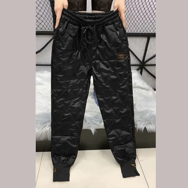 5XL Fashion Silver Lady Pants Autumn Winter Waterproof Gloss Soft Female Pants Warm Down Cotton Casual Women Trousers 2025 New