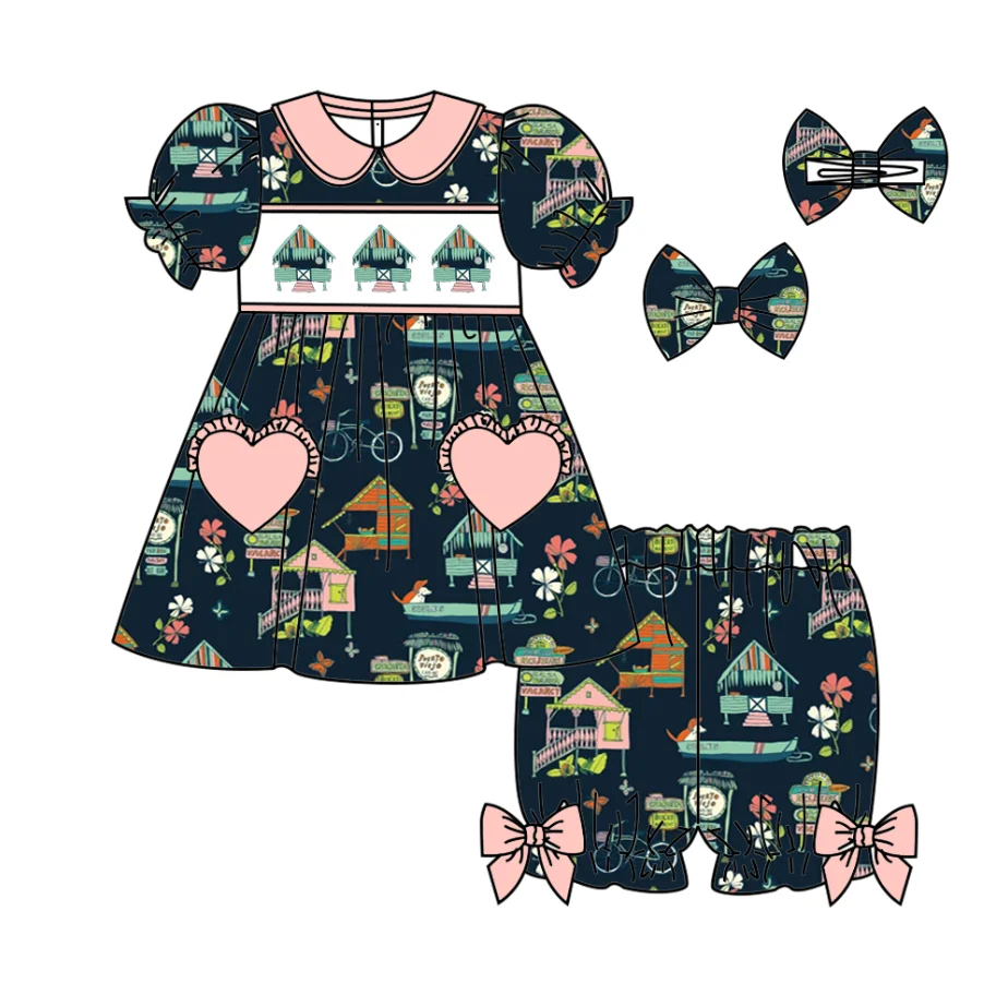 

Summer boutique children's suit lapel short-sleeved house print shorts elastic bow girl boy shorts pajama set