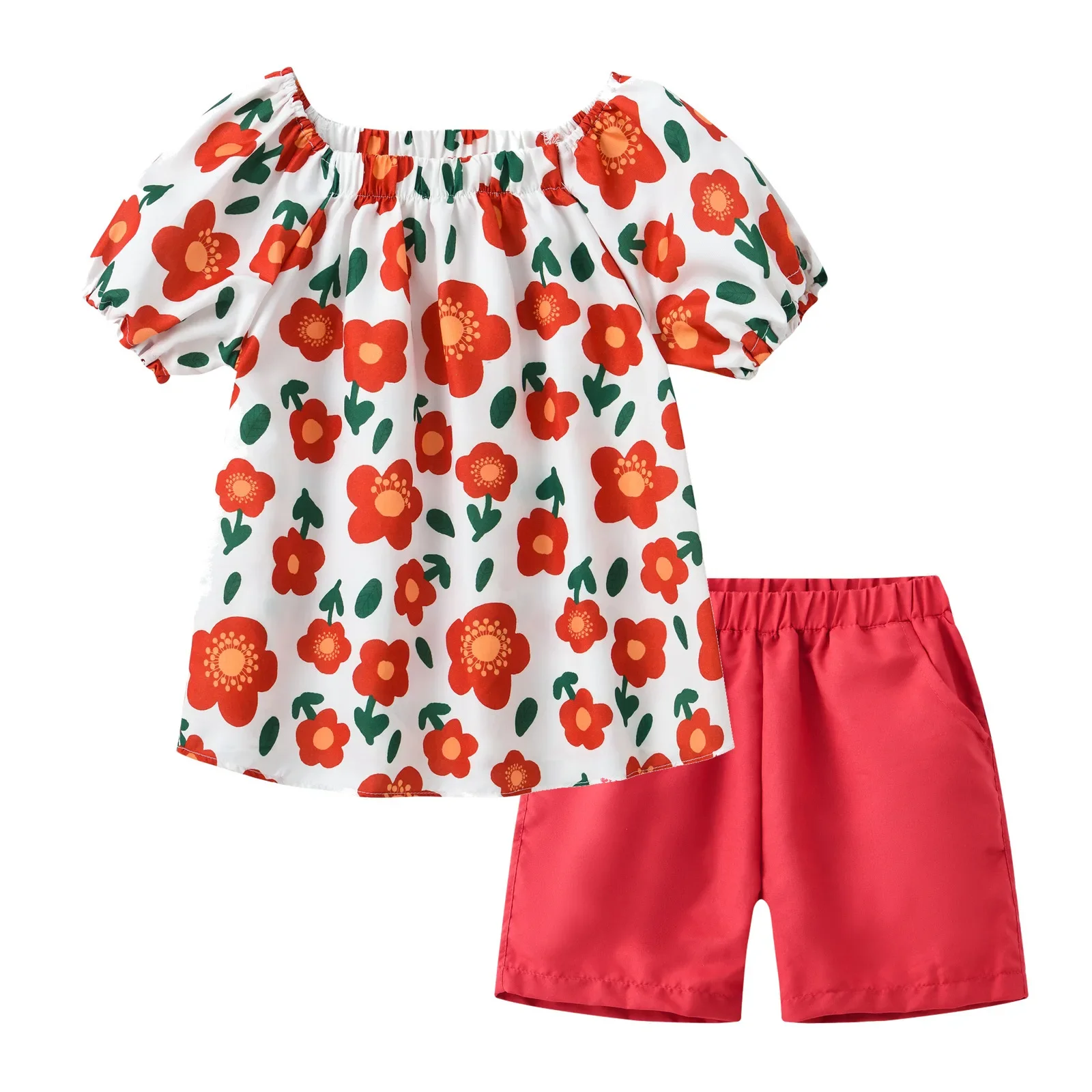 Girls Summer Thin Clothing Set Cute Princess Cartoon Floral Print Short Sleeve Top with Shorts Girl Casual Beach Clothes Outfit