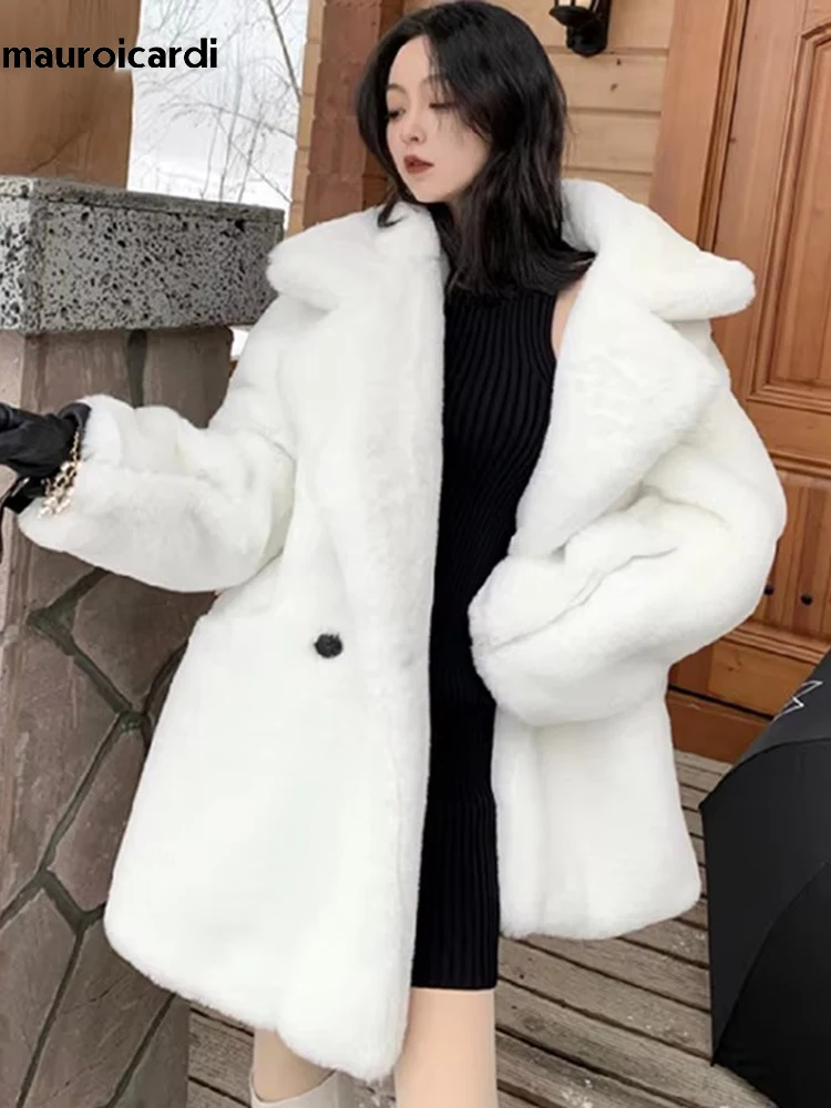 Mauroicardi Winter Oversized Purple Warm White Faux Fur Coat Women Long Sleeve Double Breasted Loose Casual Soft Fluffy Jacket