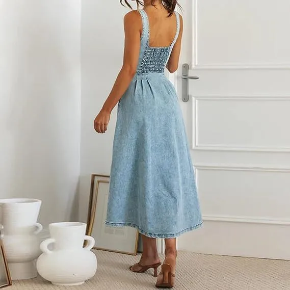 Single Button Front Dress High Waist Streetwear with Elegant Strap Shoulder Single Row Multi Button Closure Spring Women Dress