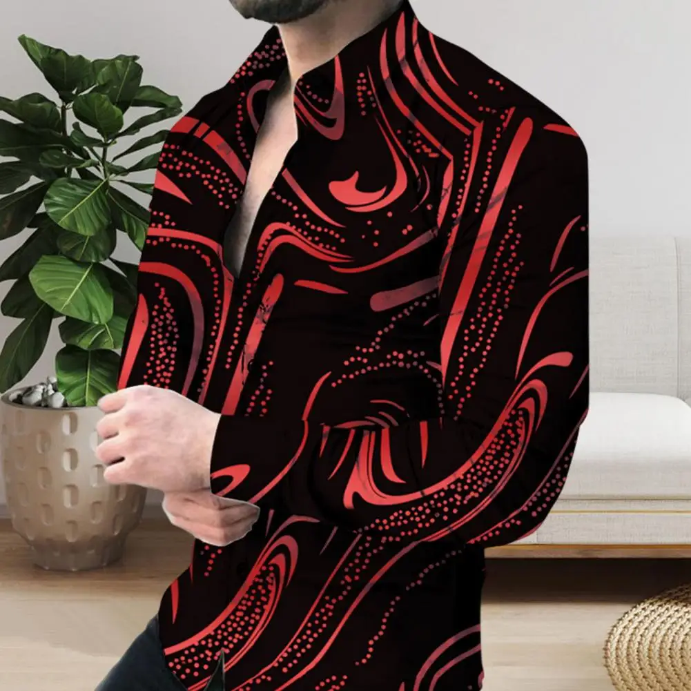 Camisa Vintage ajustada para hombre, camisa con estampado Digital, cuello levantado, transpirable, suave, de longitud media, para fiesta, Club, vacaciones