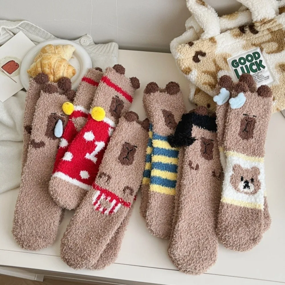 

Autumn Winter Warm Floor Socks Capibara Fleece Thickened Coral Fleece Socks Embroidered Cartoon Sleep Socks Women