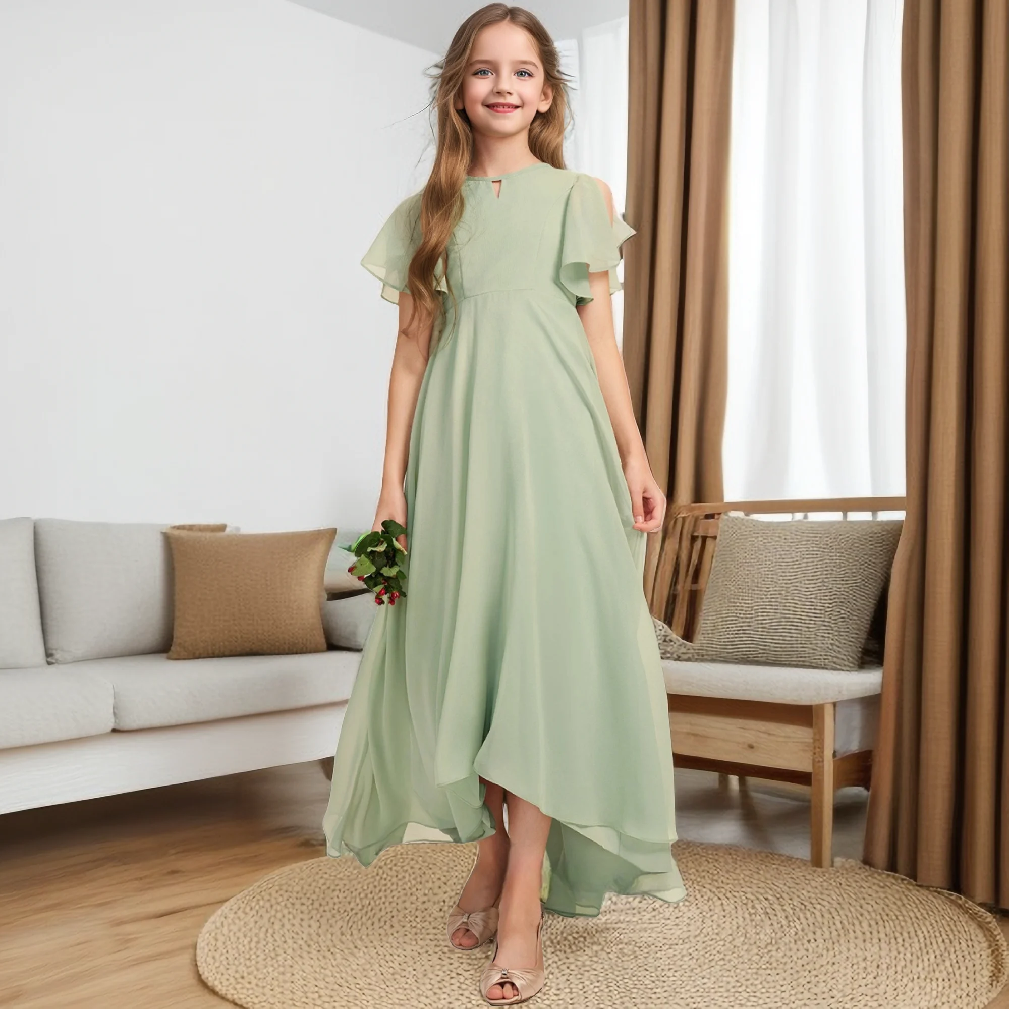 

Asymmetrical Chiffon Junior Bridesmaid Dress For Kids Prom Night Evening-Gown Wedding Ceremony Birthday Party Event Ball Pageant