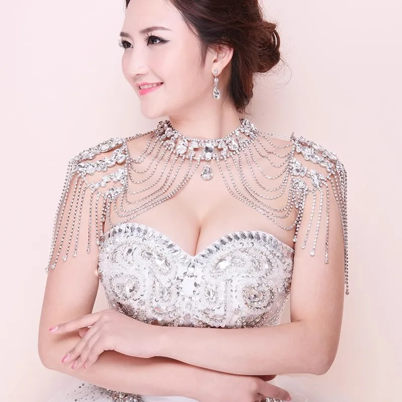 Fashion Silver Color Rhinestone Crystal Women Shoulder Necklace Wedding Bridal Accessories Jewelry