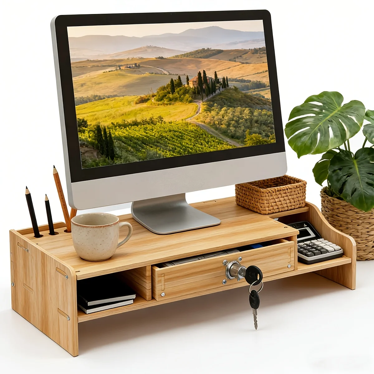 Natural Bamboo Monitor Stand with Lockable Drawer, Desktop Organizer Riser with Keyboard Storage Shelf for Office, Home, Study