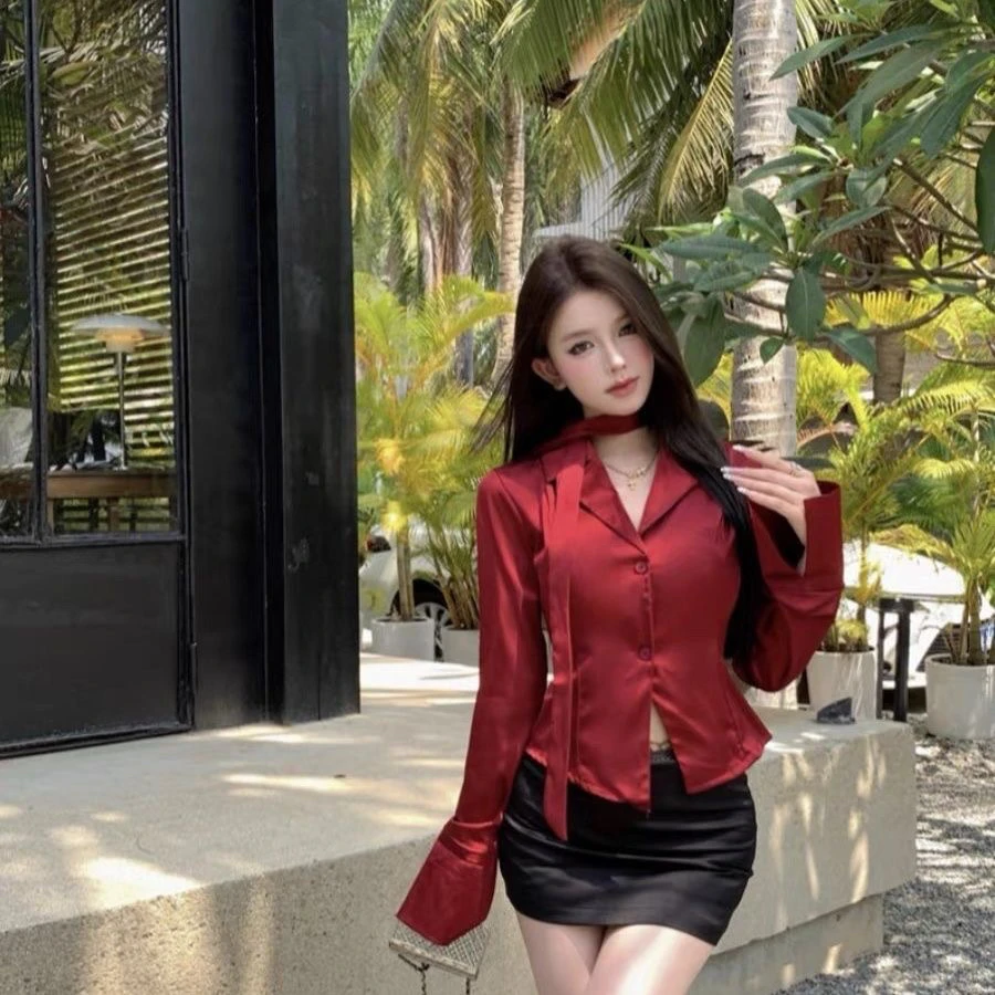 

Silk Shantung Shirt Women's Spring New Style Elegant Bow Tie Suit Collar Chic Short Top Fashionable Chinese Brandless Commute...
