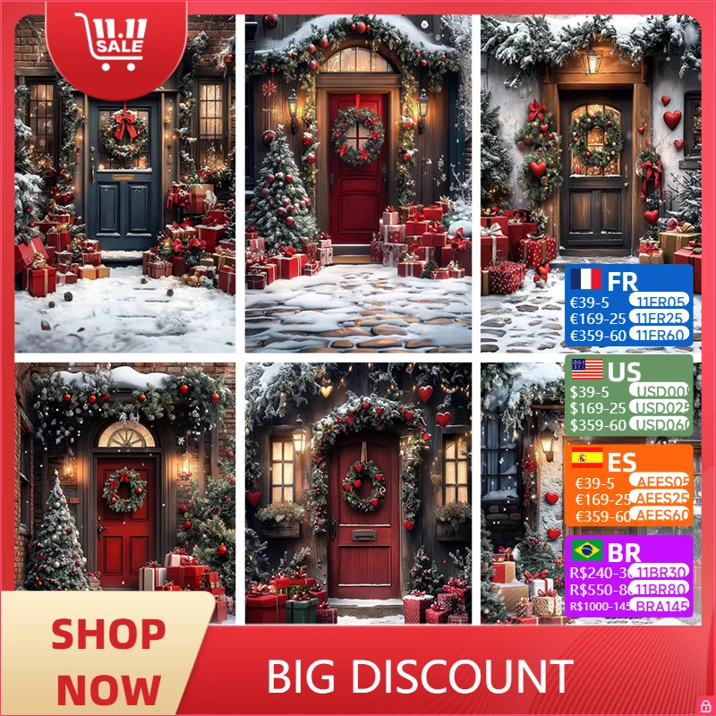 

Christmas Photography Background Door Wreath Gifts Snow Christmas Tree Doorstep Decoration Supplies Kids Baby Photo Shoot Props