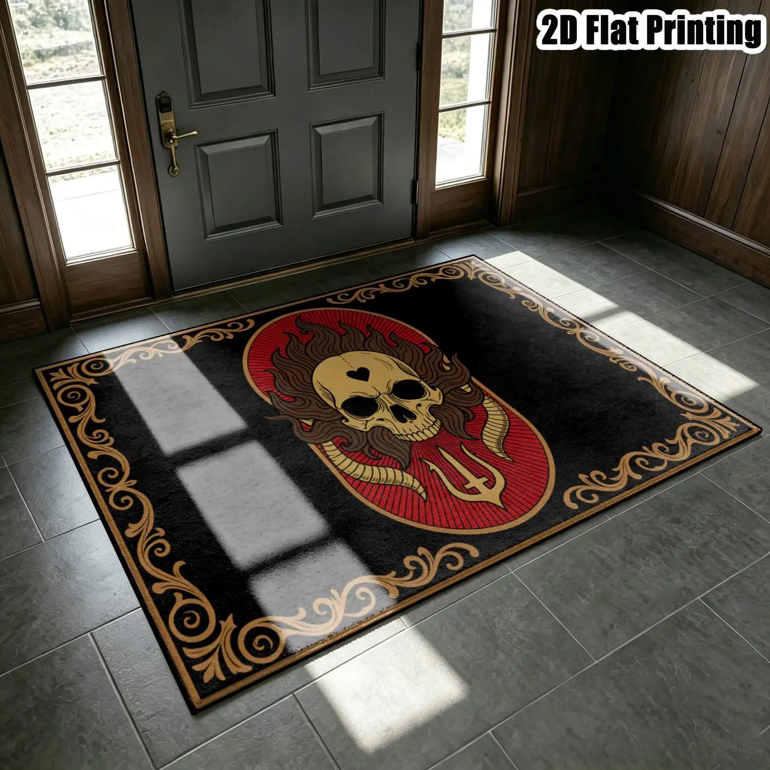 1Pc 2D Printed Retro Skull Pattern Carpets: European, Minimalist, Nordic, Instagram Style, Machine Washable, Multi-Size Home Decor for Entrance, Dining, Foyer, Bedroom, Living Room