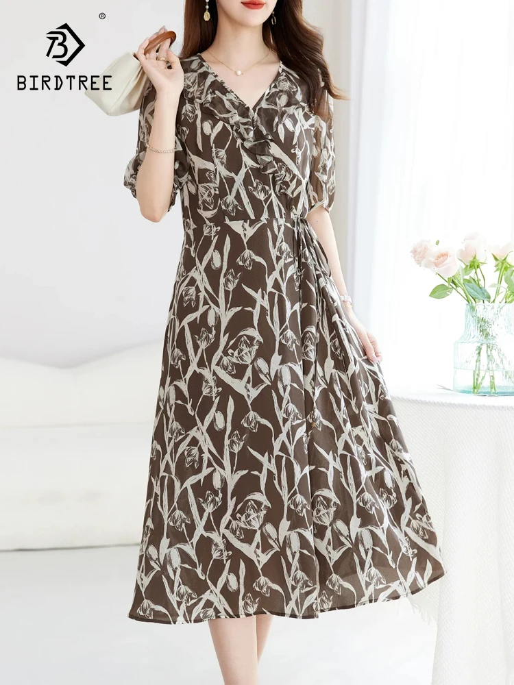 

Элегантное платье BirdTree из 100% натурального шелка, с V-образным вырезом, принтом и оборками, женское винтажное платье для офиса, новинка весны 2026, D62443CC
