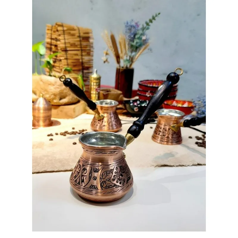Pure Copper Turkish Coffee Pot, Wooden Handle, Silver Hand-Brewed, Open Flame & Electric Ceramic Stove