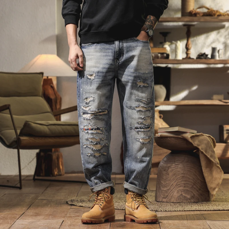 

BYCLA906 American high street torn holes hanging abrasion embroidery applique cloth heavy craft fashion trend men's jeans pants