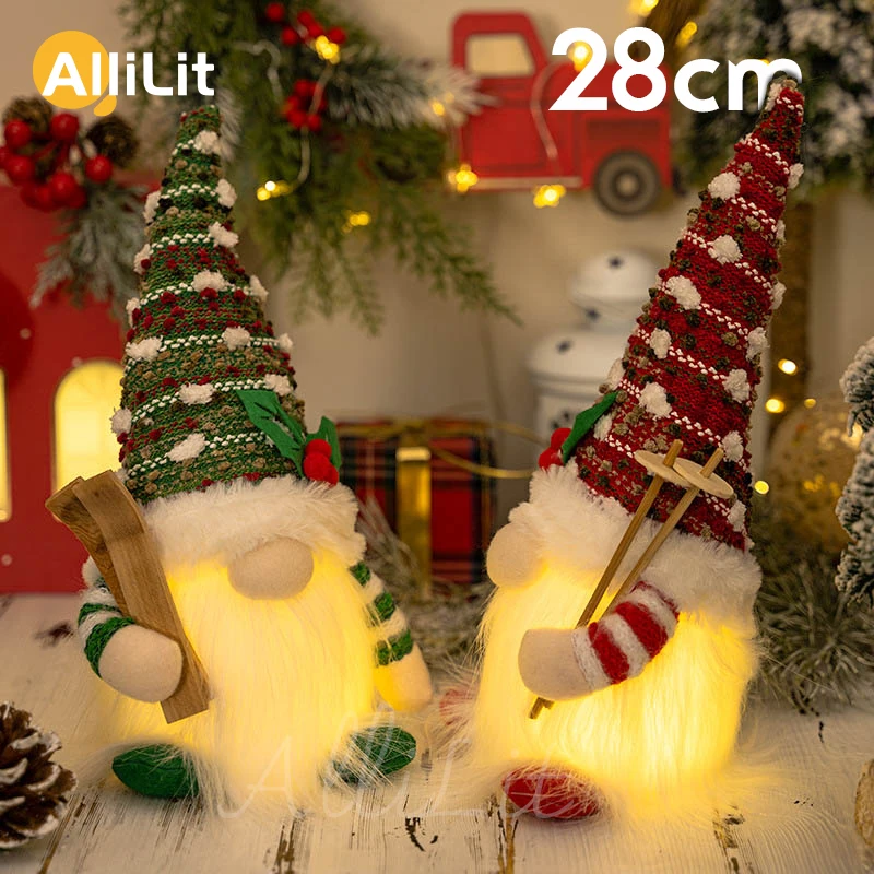 AlliLit 2024 크리스마스 인형, 썰매 엘프 스키 그놈, LED 조명, 가정 크리스마스 장식, 2024 새해, 28cm 