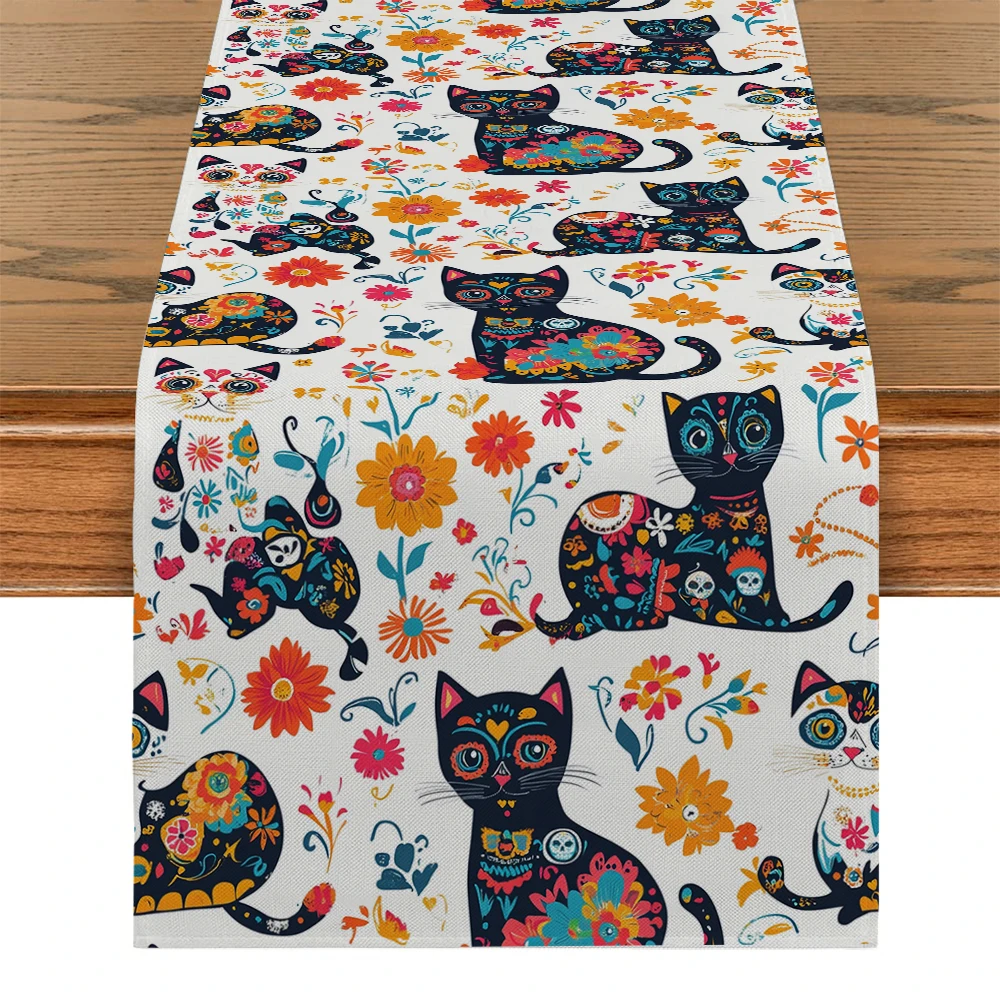 Cat Flower Leaf Table Runner Farmhouse Dining Table Runners Wedding Party Table Decoration