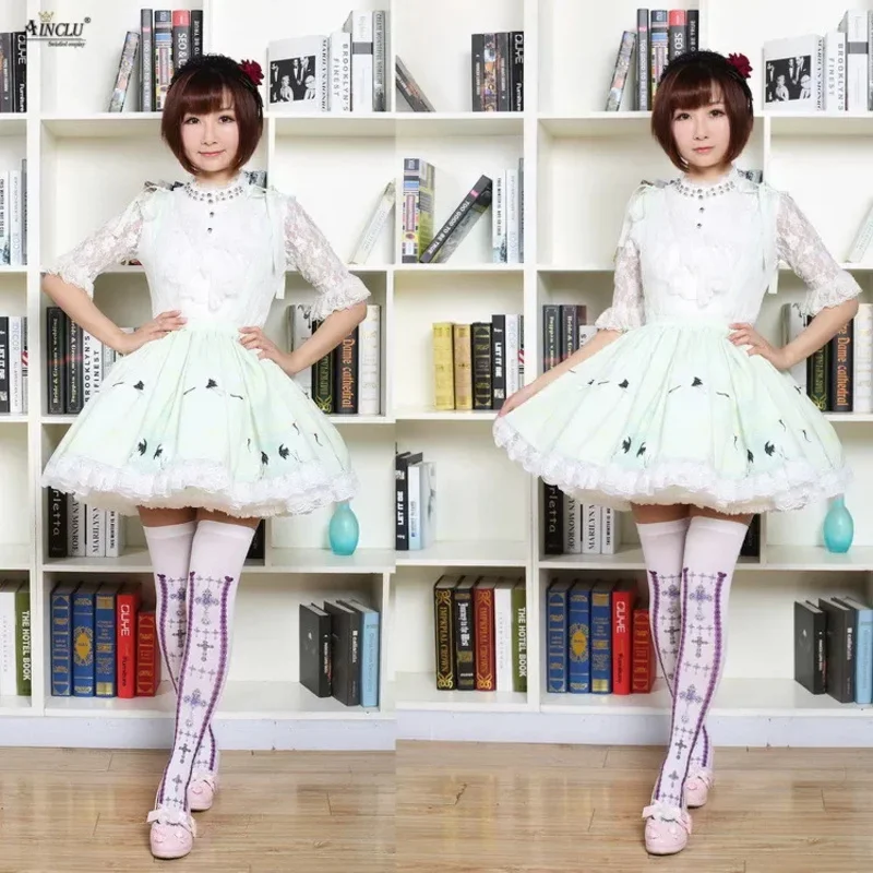 중국 스타일 크레인 윤허 레트로 여성용 스위트 레이디 라이트 그린 폴리에스터 레이스 슬링 플리츠 스트라이프 로리타 스커트