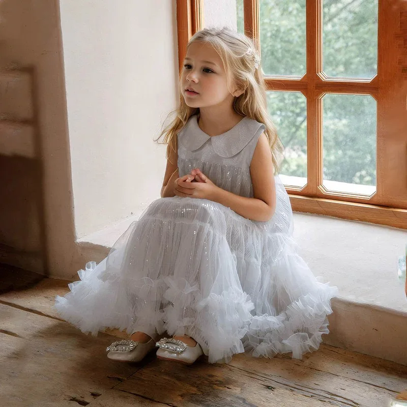 Baby Kids Princess Sequined Tulle Flower Girl Dress Children First Communion Dress Ball Gown Wedding Party Dress Birthday