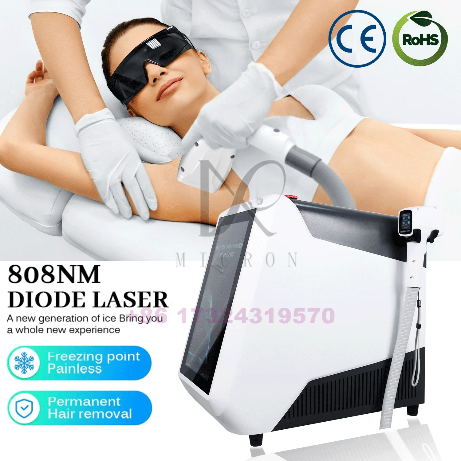 

Diode Laser Hair Removal Machine 2-in-1 - 755/808/1064nm 3 Wavelengths, Ice Cooling & CE for All Skin Tones