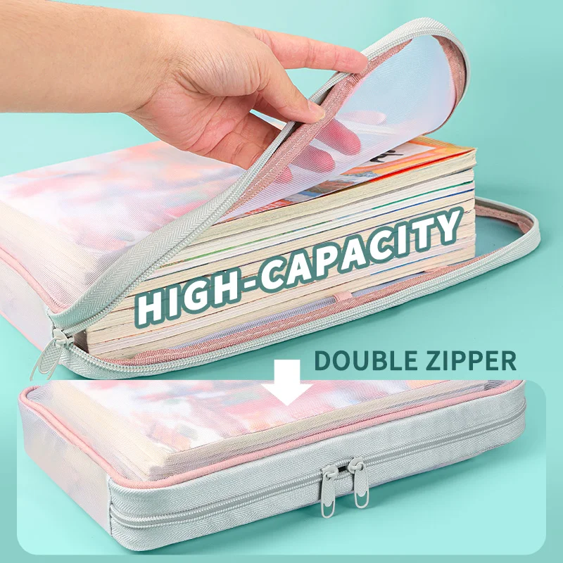 Huajie A4 Stationery Storage Bag Double-Layer Mesh Zipper Bag Large Capacity Storage Folder School Office Supplies Stationery Bag