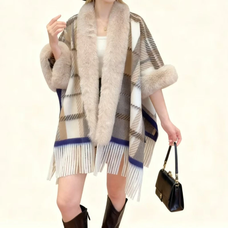 Autumn and Winter Women's Casual Cape Shawl Plaid Fringed Coat Elegant Party Versatile #3