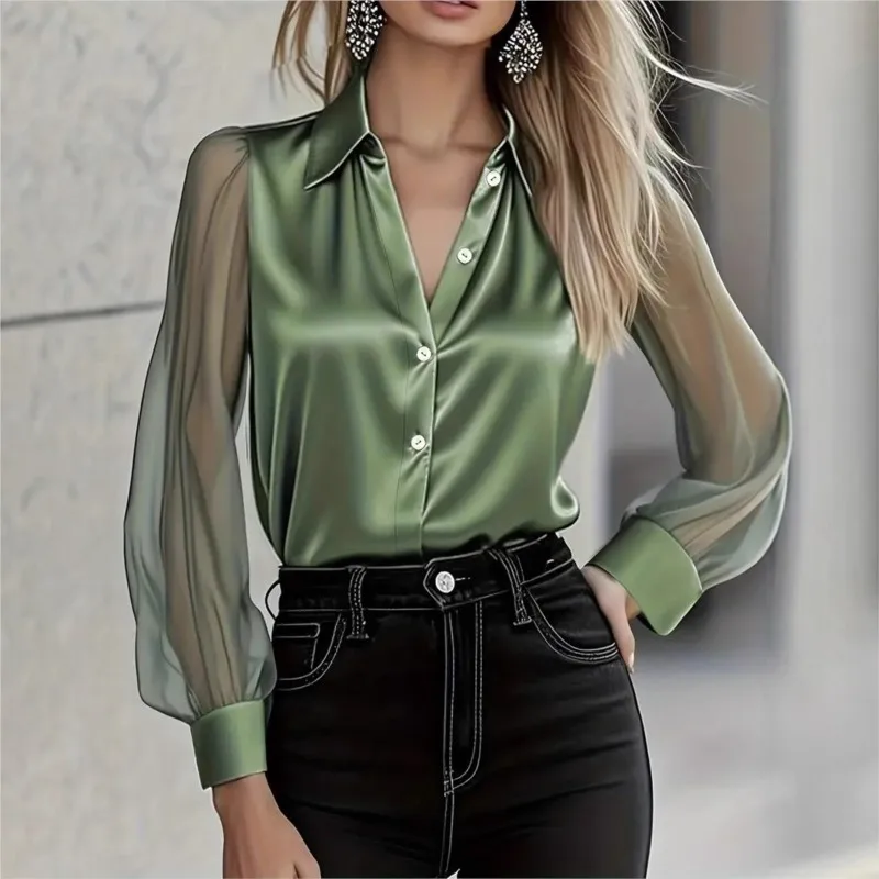 

Elegant Women Blouse Shirt 2025 Spring Autumn Patchwork Mesh yarn Turn-Down Collar Solid Long Sleeve Tops Blusas Ladies Office