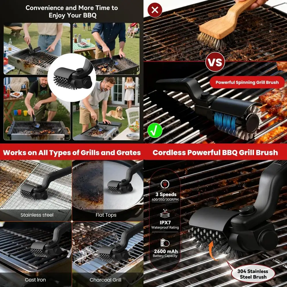 

Adjustable 3-Speed Stainless Steel BBQ Grill Brush, 180° Rotating, Long-lasting Cleaning Tool