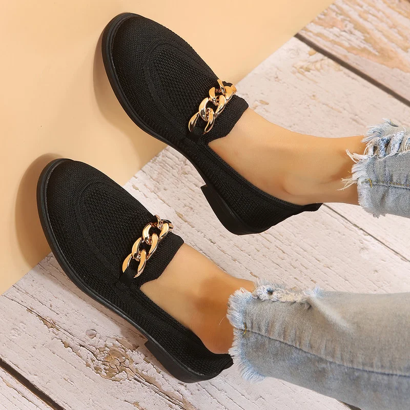 Autumn Fashion Flat Shoes Women Quality Metal Slip on Loafer Shoes Ladies Flats Mocassins Big Size 36-42 Zapatillas Mujer 2023