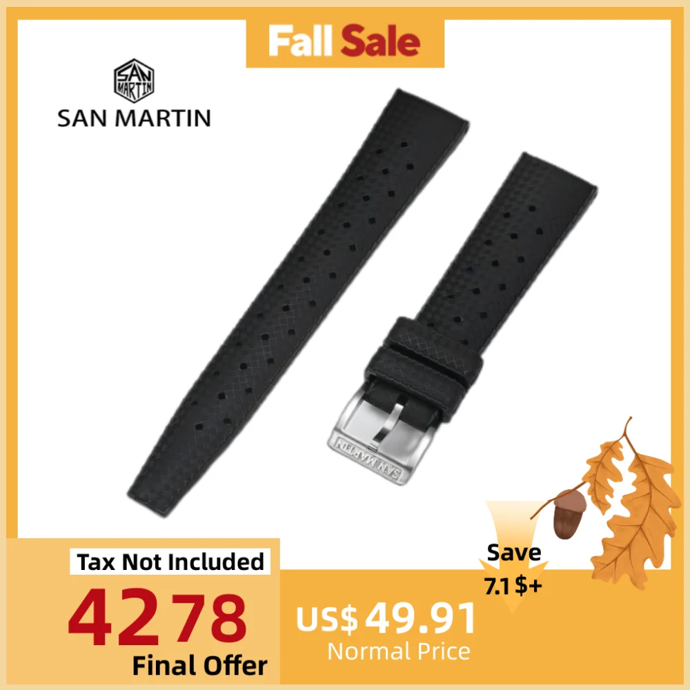 

San Martin Premium FKM Rubber Watch Strap 20mm Tropical Style Band Dive Flat Interface Soft Flexible Tropic Correas Reloj SF0010