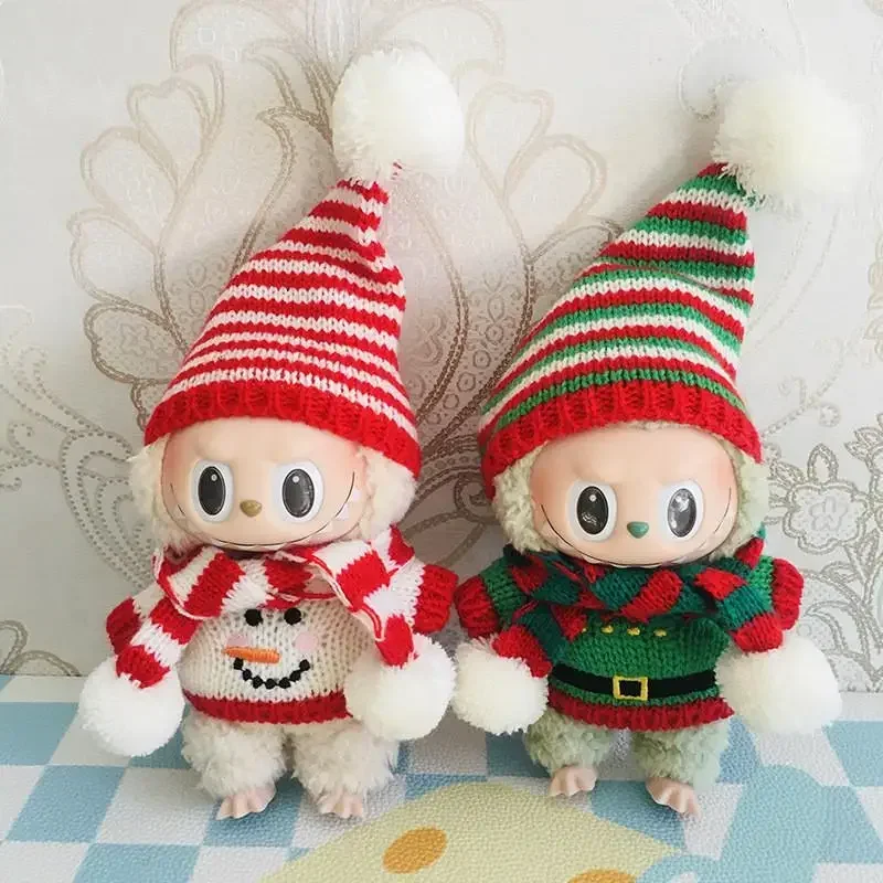 Für 17 cm Labubu-Stoffpuppenkleidung, Anhänger, Weihnachten, Schneemann, Mütze, Schal, Zubehör, Puppenkleidung für Labubu-Outfit